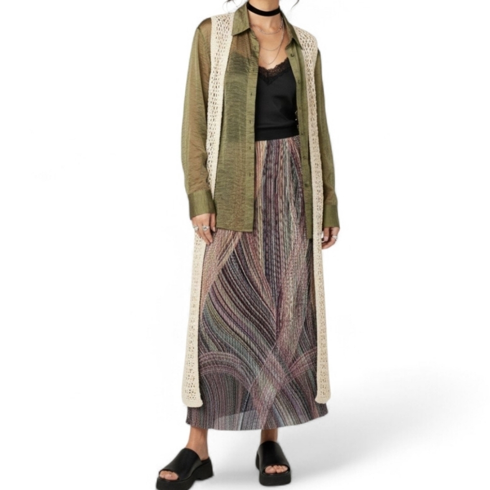 Vintage Tempo Paris Y2K 90s Abstract Striped Knit Maxi Skirt Red Black M